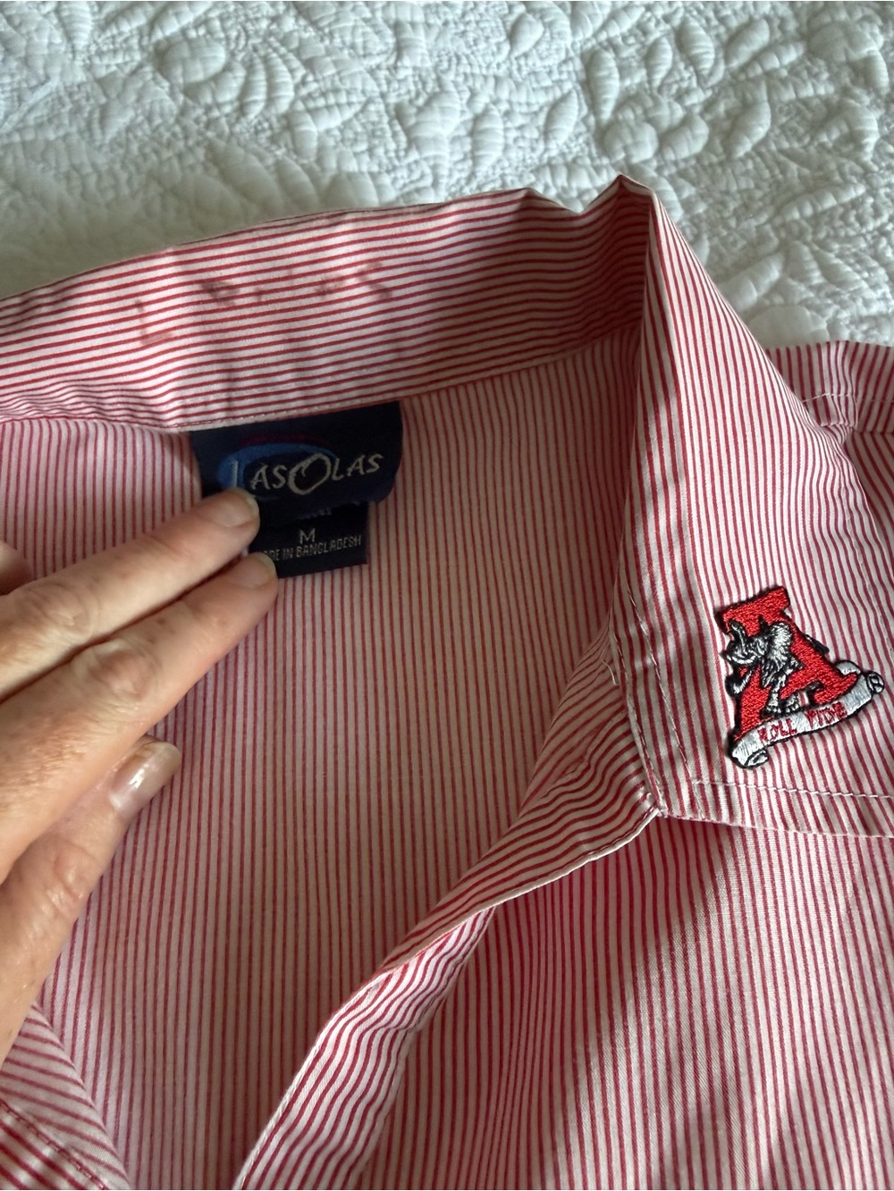Women’s Red Stripe Button-Down Shirt. roll tide